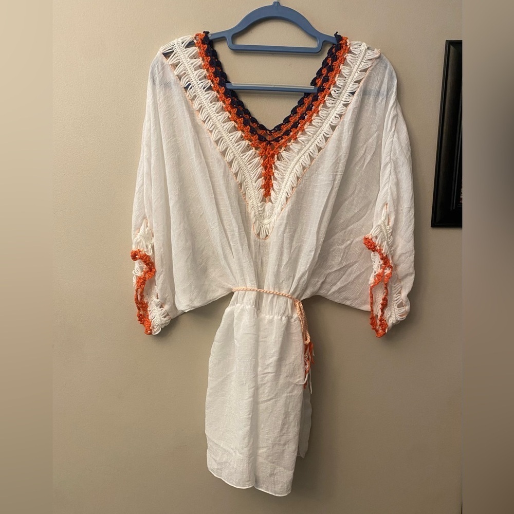 White Boho beachwear coverup with Orange and Navy Accents